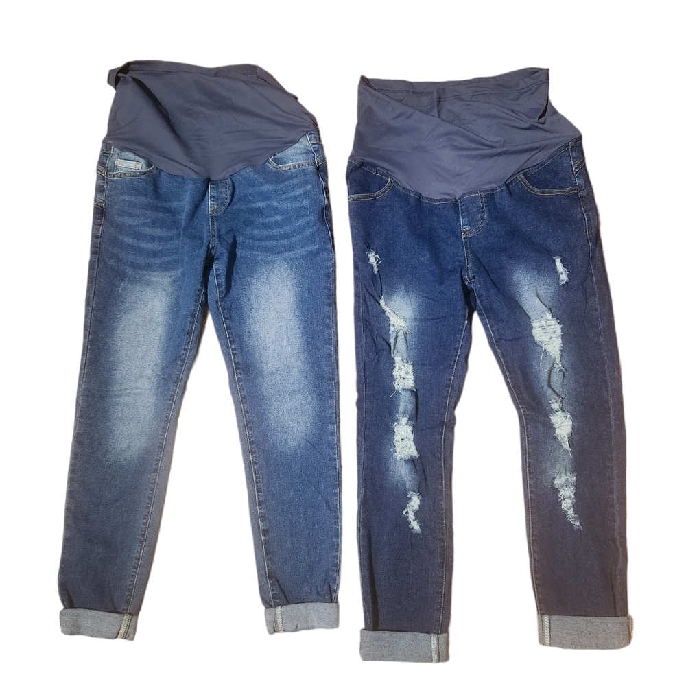 Maacie Maternity Blue Jeans 2 Pairs Distressed Size Large For Moms To Be